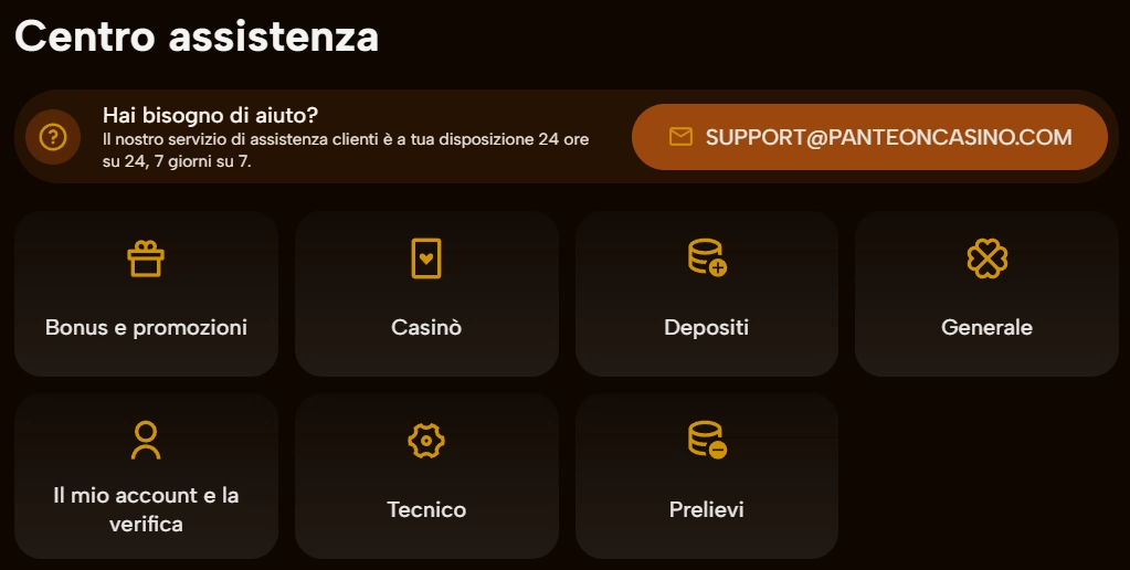 Panteoncasino Casino centro assistenza con email supporto e categorie FAQ
