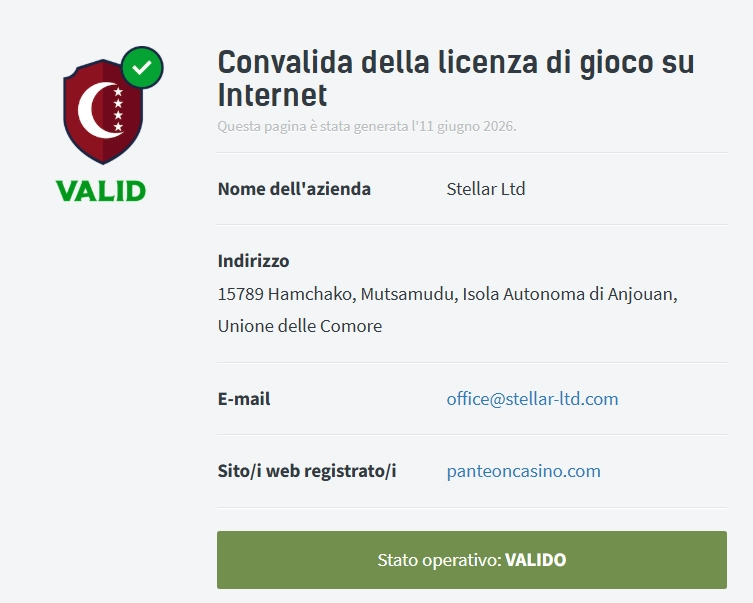 Panteoncasino Casino convalida della licenza di gioco valida per Stellar Ltd