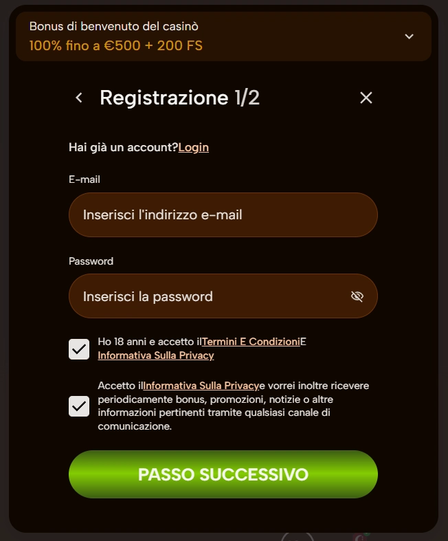 Panteoncasino Casino modulo di registrazione con bonus di benvenuto da €500 e 200 FS